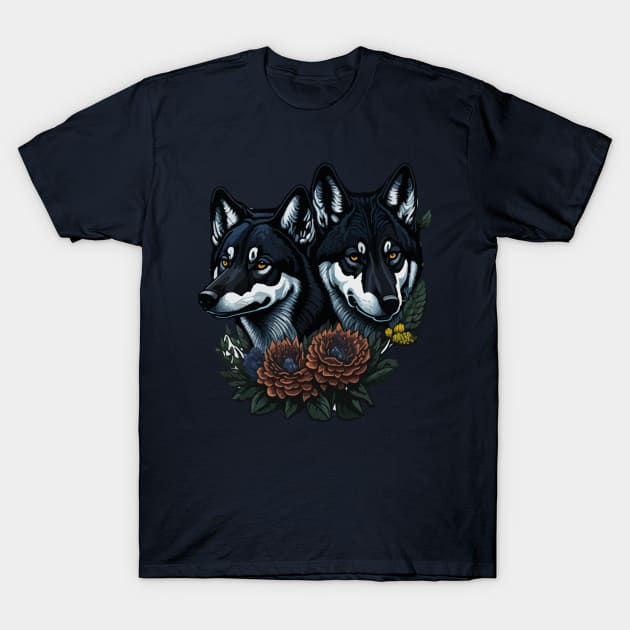 Black Wolf with Wild Flower T-Shirt by SARKAR3.0